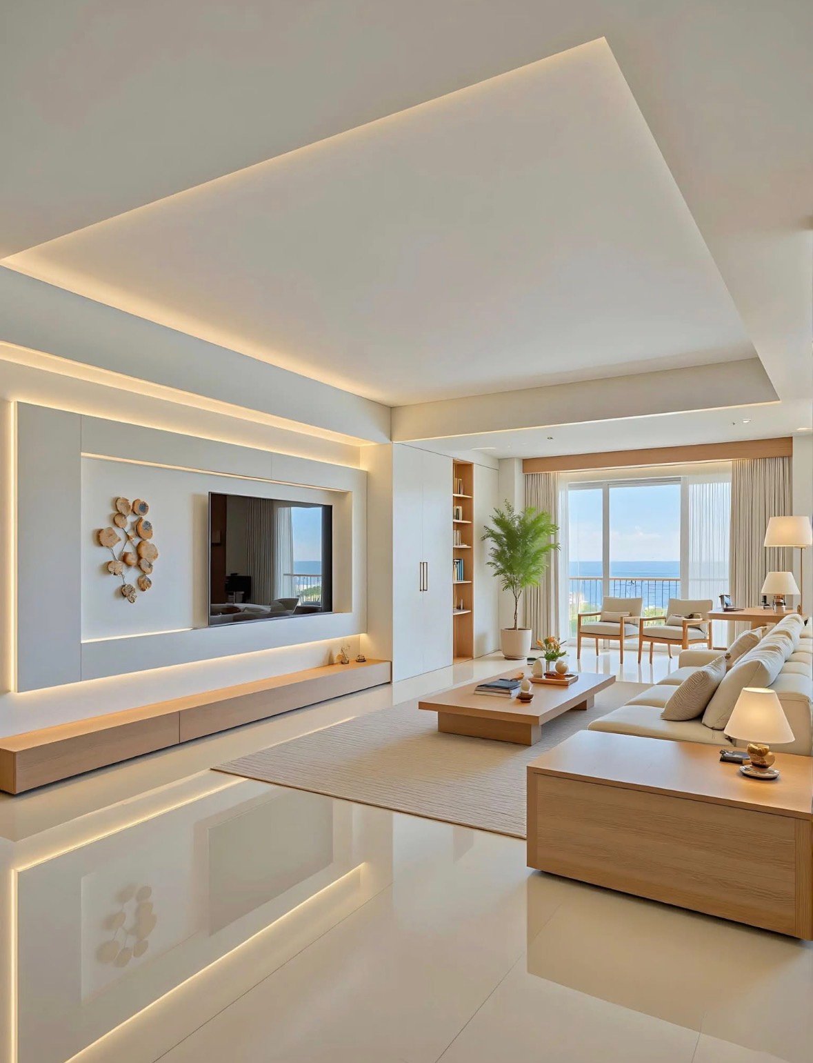 Intérieur rénové par Pro Innovation EB : séjour lumineux avec faux plafond, éclairage LED intégré et agencement sur mesure